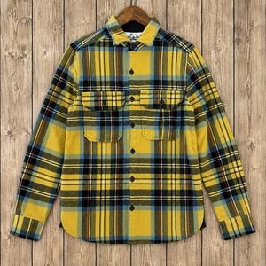 Woolrich for Huckberry Mens Yellow Plaid 100% Wool Flannel Shirt Made in USA S